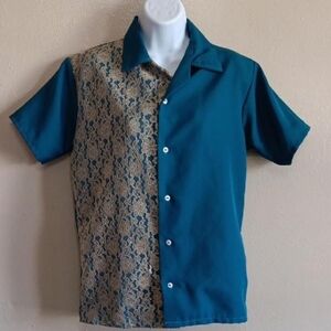 Vintage Rockabilly Skater Handmade Teal Tan Lace Button Up Shirt Unique, Small